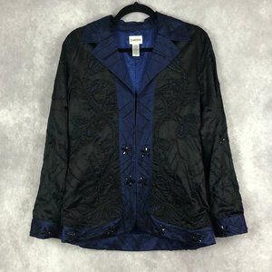 Chico's Asian Silk Linen Jacket Blazer Beaded Floral Blue Black Small